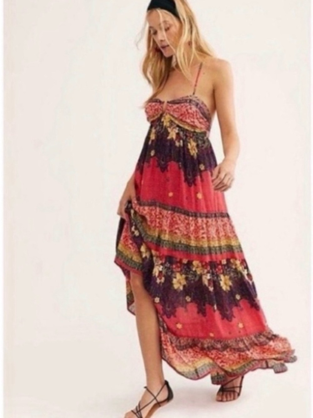FREE PEOPLE "Give A Little" Red/Multi Maxi Dress, O-Ring Neckline, Size S, EUC